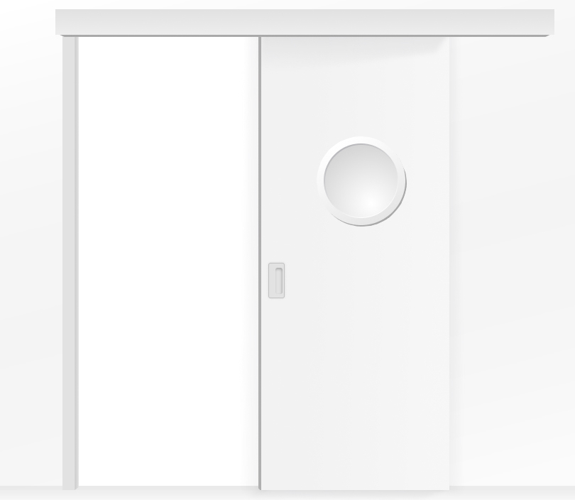 Влагостойкая раздвижная одностворчатая дверь ПВХ с иллюминатором белая