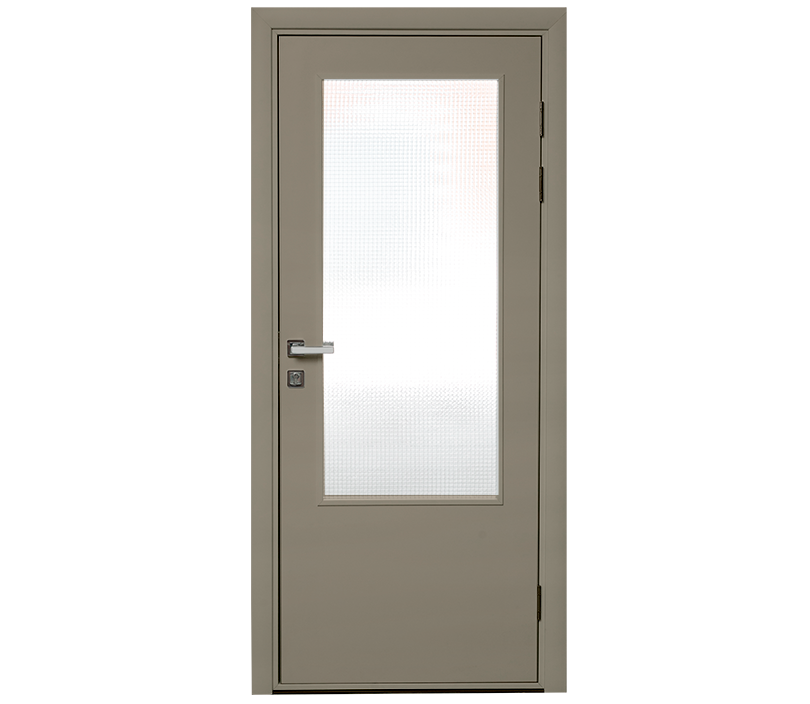 Влагостойкая дверь ПВХ EtaDoor с окном цвет мокко одностворчатая с алюминиевой кромкой