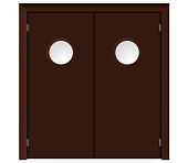 Влагостойкая дверь ПВХ EtaDoor с иллюминатором коричневая маятниковая двухстворчатая с алюминиевой кромкой